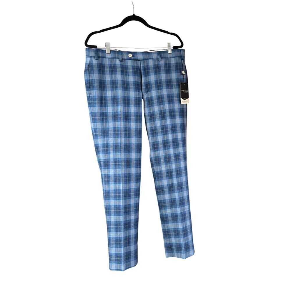 NWT Lauren Ralph Lauren LRL Pants Men 35 x 30 ultra flex Blue Plaid Linen Blend